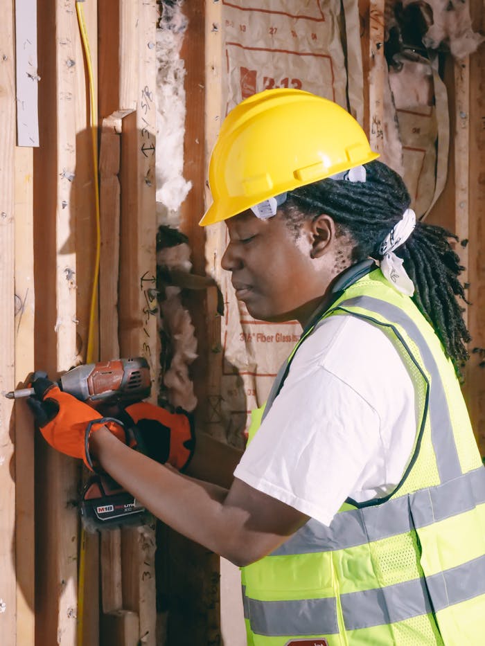 Black woman using a drill on site wearing PPE including hardhat and gloves.